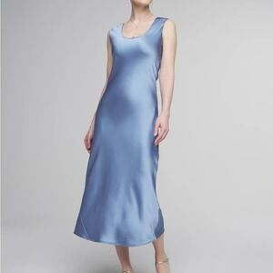 White House Black Market Satin Slip Dress Denim Blue Midi Size 14 NWT
